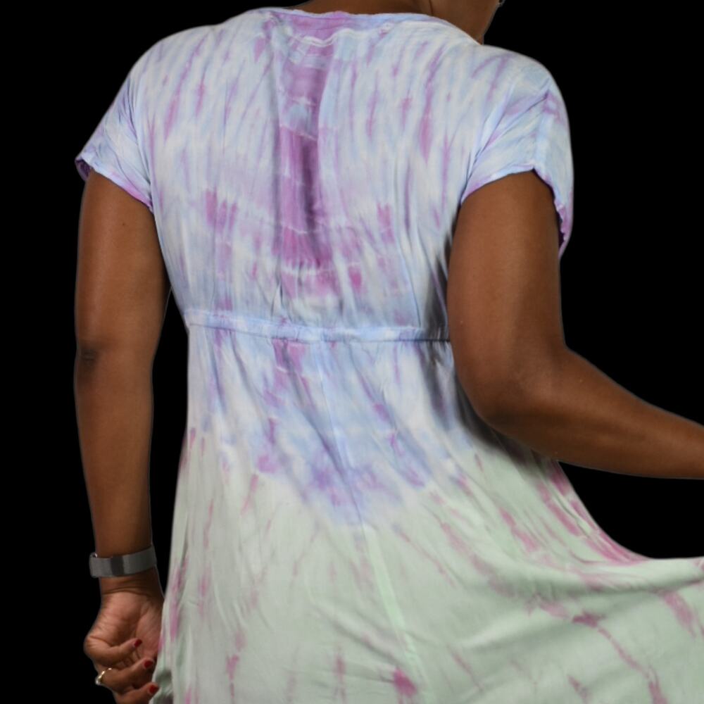 Pastel Tie Dye Maxi Swim Coverup Dress Blue Open Front Plunge Thigh Patio Small - Picture 5 of 14